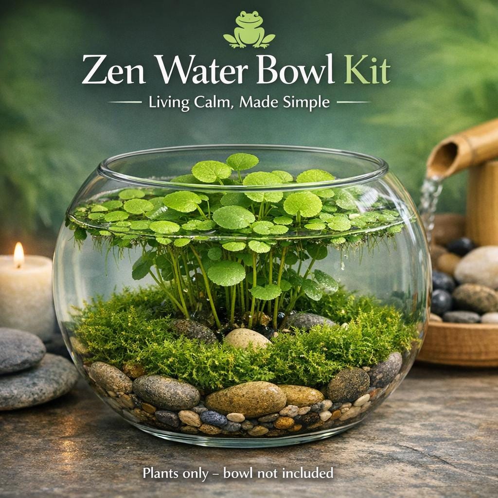 Zen Water Bowl Kit – Live Aquatic Plant Pack – Java Moss, Japanese Pennywort & Frogbit – Easy Indoor Water Garden – No Filter Needed
