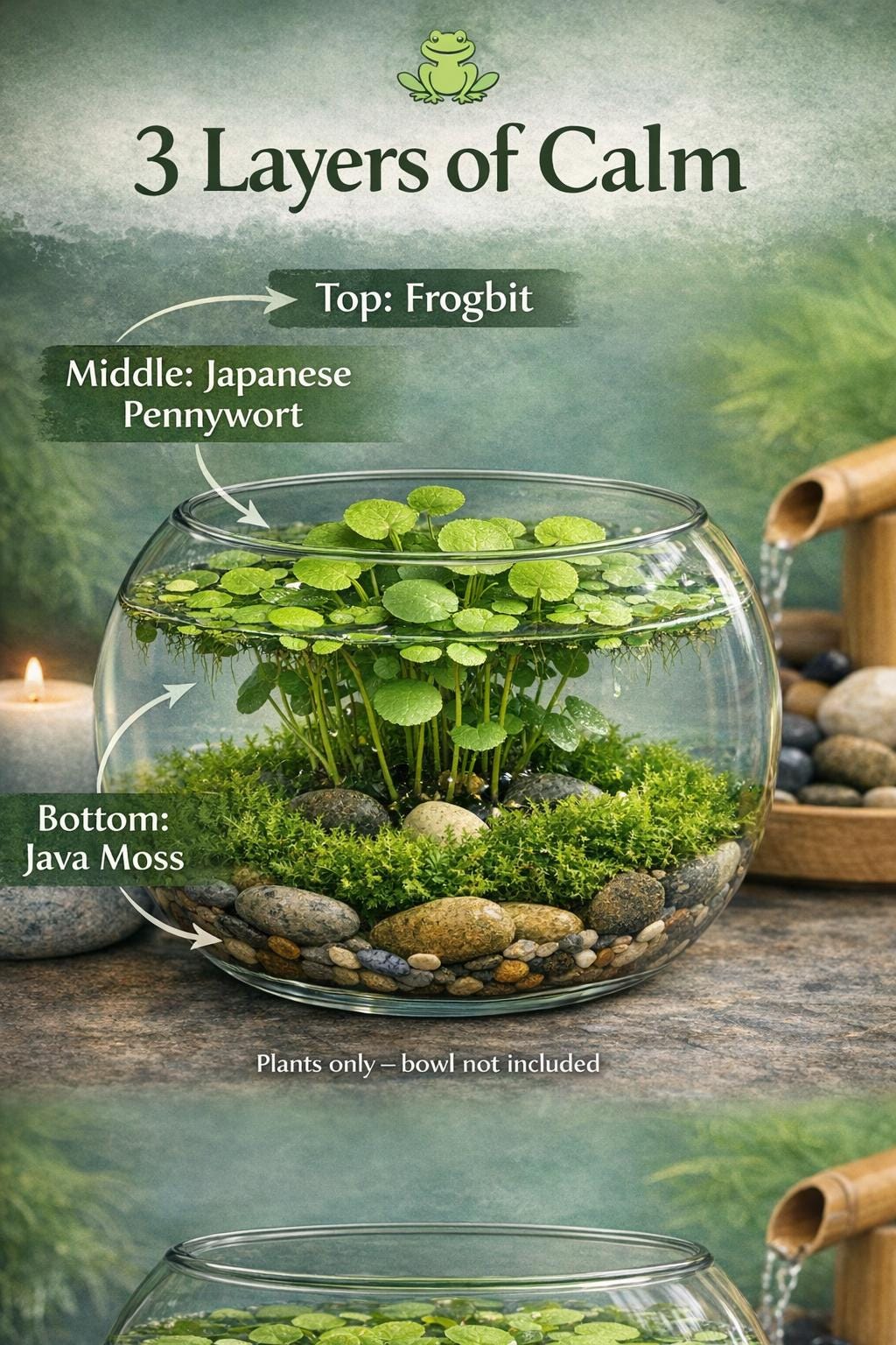 Zen Water Bowl Kit – Live Aquatic Plant Pack – Java Moss, Japanese Pennywort & Frogbit – Easy Indoor Water Garden – No Filter Needed