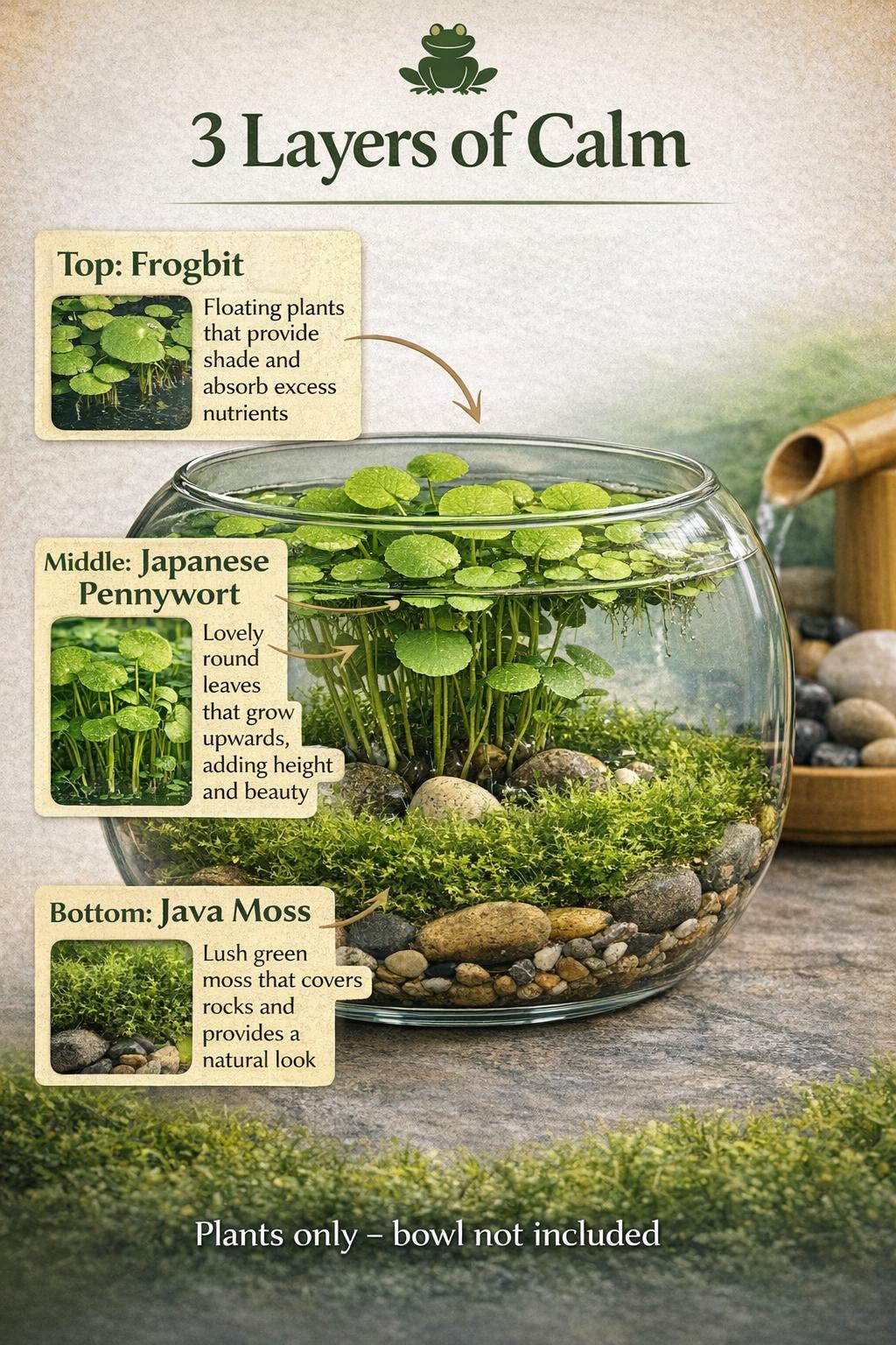 Zen Water Bowl Kit – Live Aquatic Plant Pack – Java Moss, Japanese Pennywort & Frogbit – Easy Indoor Water Garden – No Filter Needed
