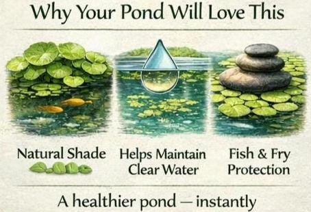Pennywort Paradise Pond Pack – Brazilian Pennywort, Frogbit & Guppy Grass – Floating Plants for Shade, Clear Water and Fish Cover