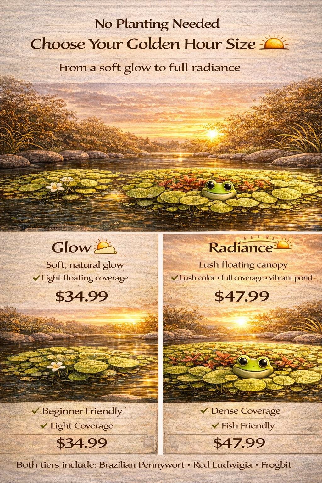 Golden hourGolden Hour Pennywort Pack – Floating Pond Plants – Brazilian Pennywort, Red Ludwigia & Frogbit – Colorful Water Garden Plants