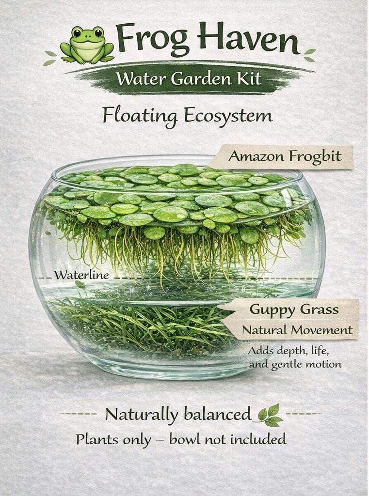 Frog Haven Water Garden Kit, Floating Aquatic Plants, Frogbit & Guppy Grass, Mini Pond Bowl, No Filter Aquarium, Beginner Friendly