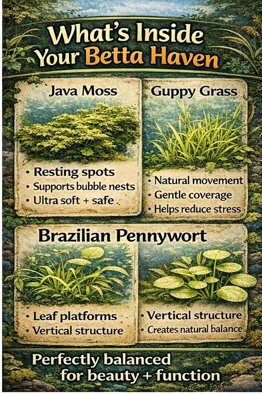 Betta Haven-Betta Plant Pack – Live Aquarium Plants | Betta Safe Tank Setup | Java Moss, Guppy Grass & Pennywort | Easy Betta Habitat Kit