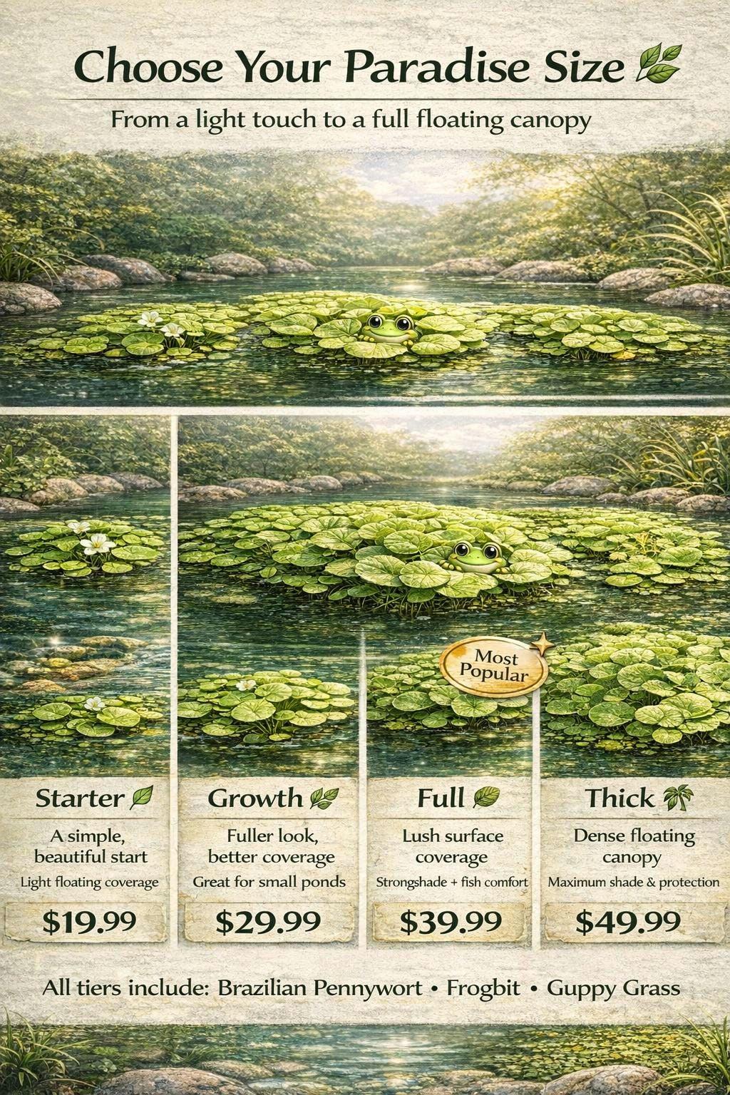 Pennywort Paradise Pond Pack – Brazilian Pennywort, Frogbit & Guppy Grass – Floating Plants for Shade, Clear Water and Fish Cover